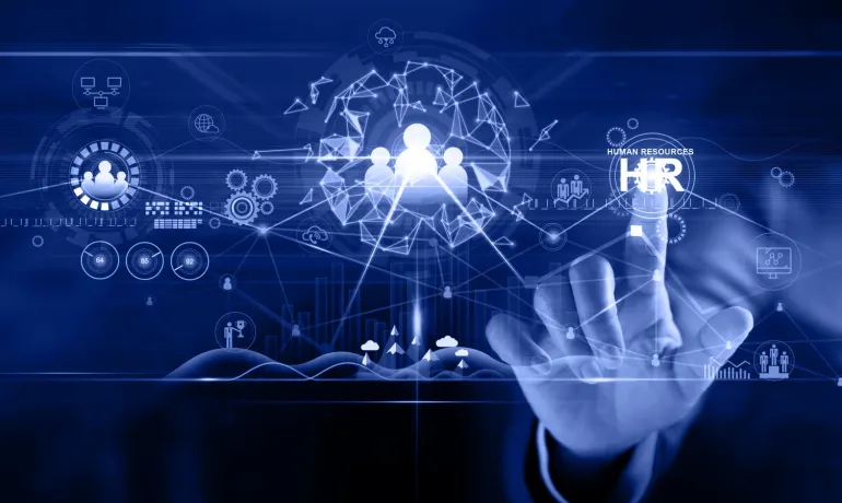 A hand clicking "HR" on the screen